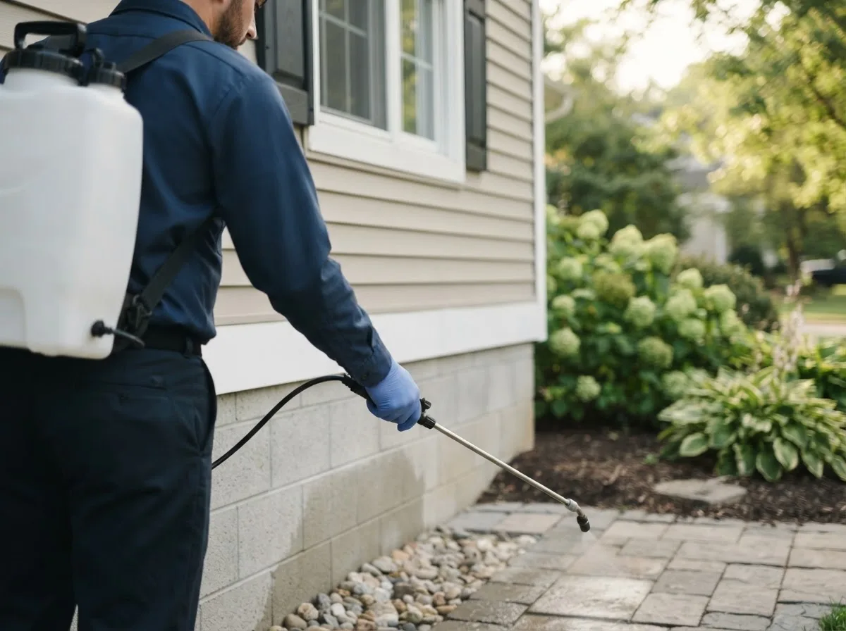 Pest control technician inspecting a home in Hermleigh, TX